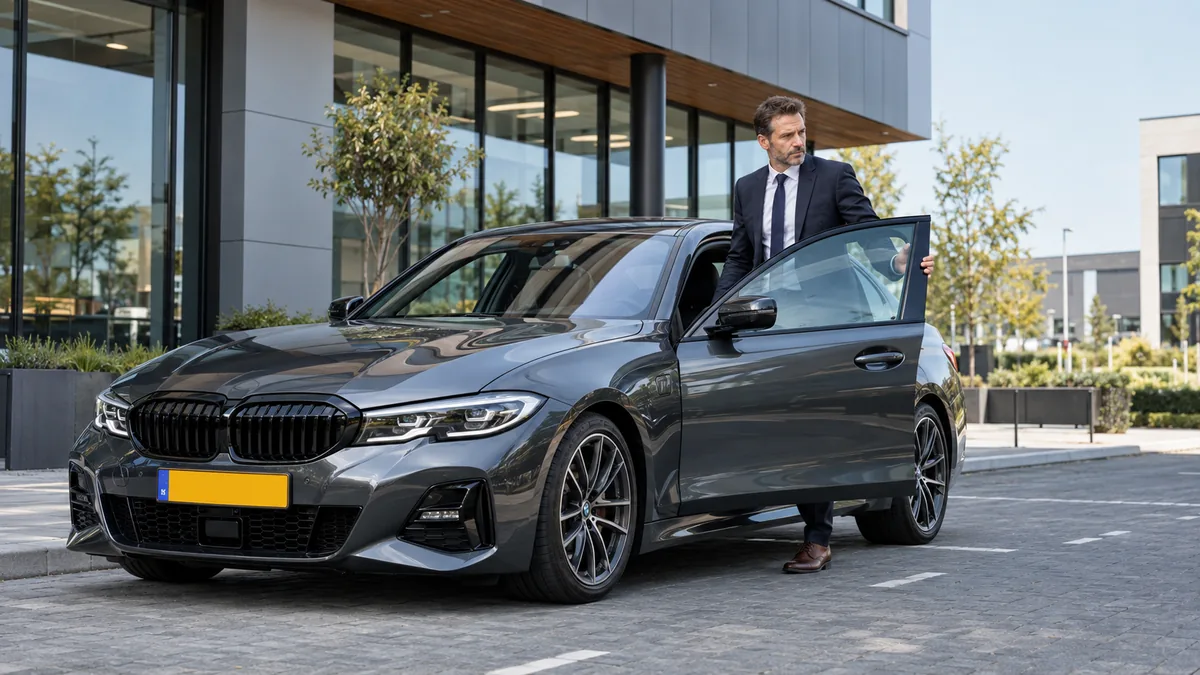 Zelfstandig ondernemer in pak stapt in een BMW 3-serie op een modern bedrijventerrein