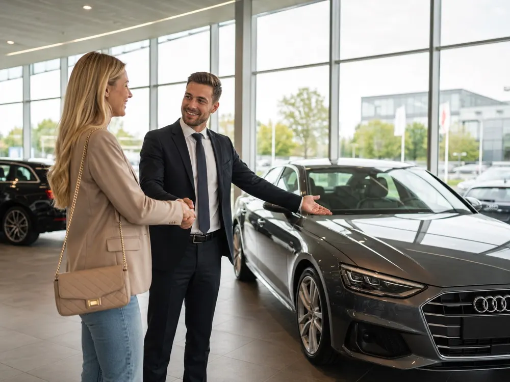 Ondernemer en autoverkoper bespreken de financieringsaanvraag en het maandbedrag bij een auto in de showroom