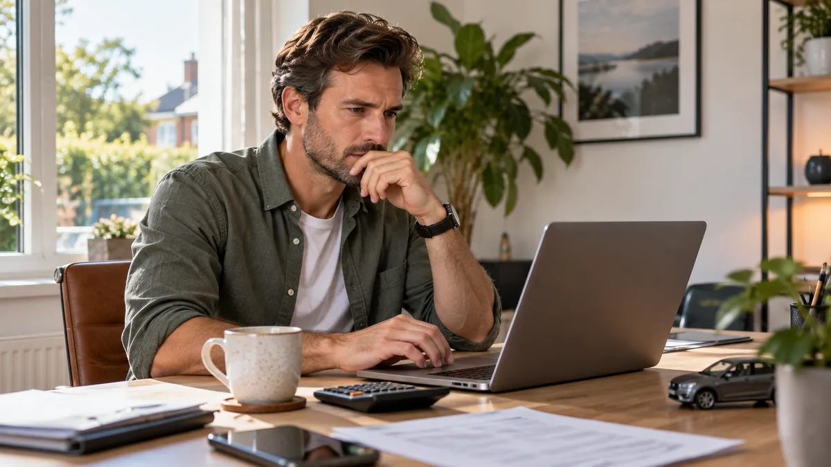 Ondernemer bekijkt geconcentreerd een financieringscontract op een laptop met een rekenmachine ernaast