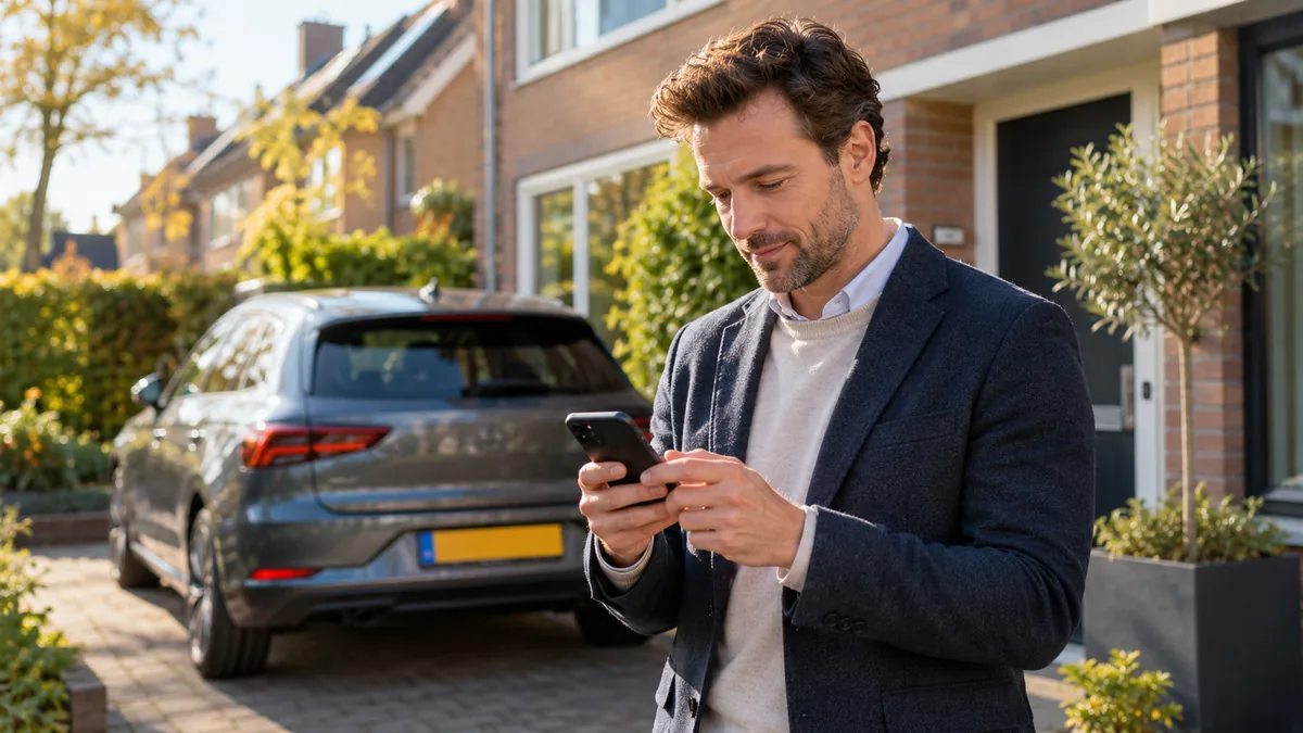 Ondernemer bekijkt een kilometerregistratie met PDF-rapport op de telefoon voor de aangifte