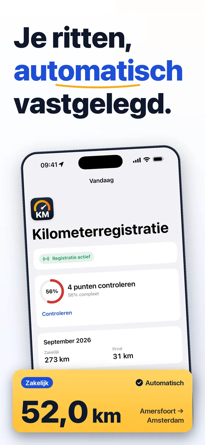 Schermafbeelding van de ELTI kilometerregistratie app: het Vandaag-scherm met automatische registratie en zakelijke en privékilometers