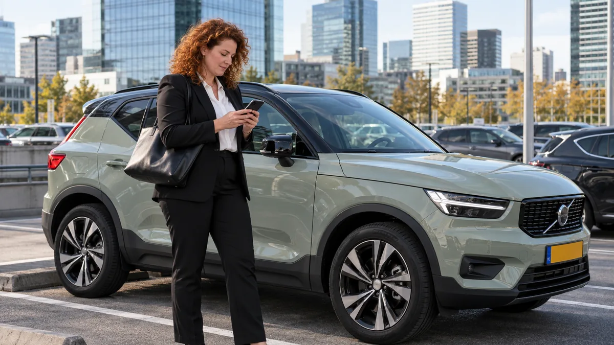 Zakelijke bestuurder registreert haar rit als zakelijk op haar iPhone naast haar Volvo XC40 op de Zuidas in Amsterdam