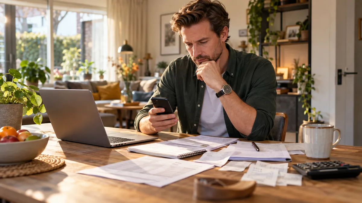 Zzp'er controleert het kilometeroverzicht op een kilometerregistratie app naast de laptop met administratie