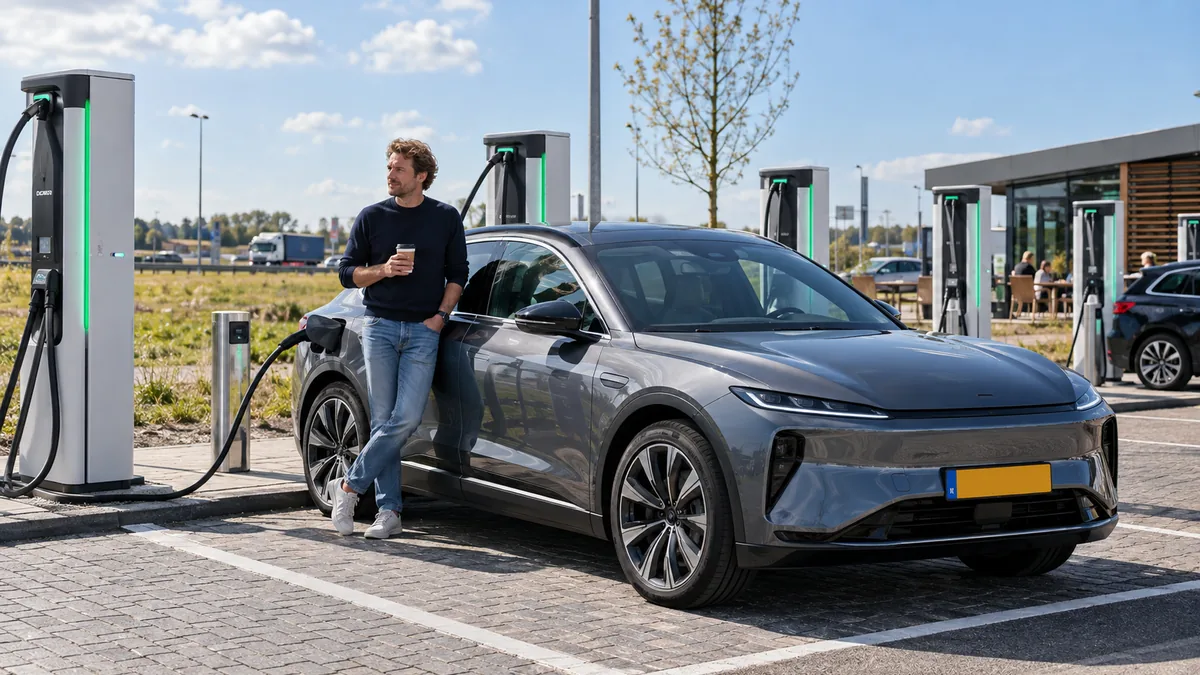 Bestuurder laadt een premium elektrische leaseauto bij een openbaar snellaadstation