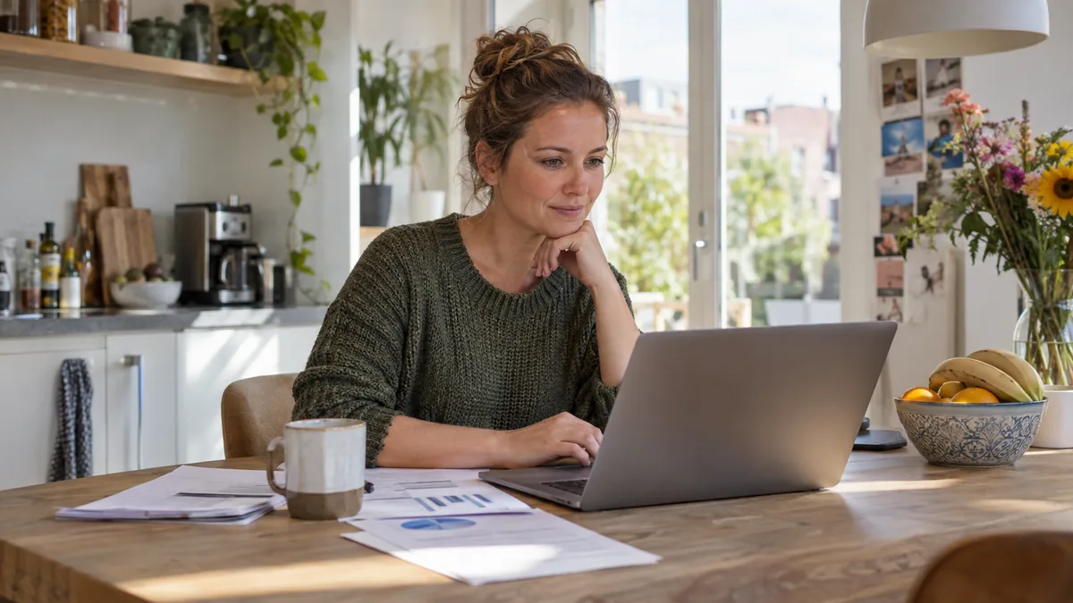 Persoon bekijkt kalm de eigen financiële situatie en BKR-registratie op een laptop aan de keukentafel