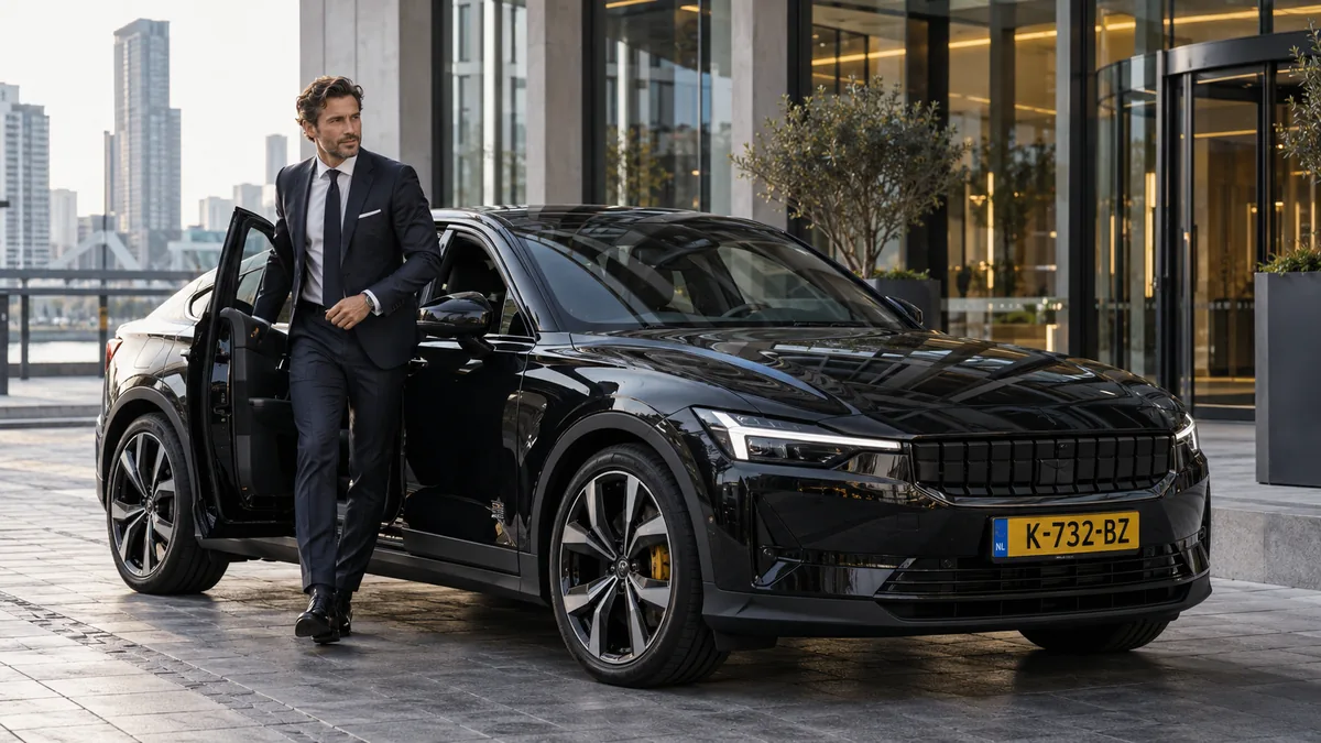 Zakelijke bestuurder stapt uit een Polestar 2 voor een strak modern kantoorgebouw in de stad