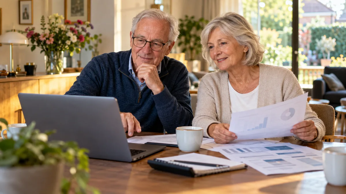 Seniorenechtpaar bekijkt samen aan tafel hun budget en een leaseoverzicht op een laptop en op papier
