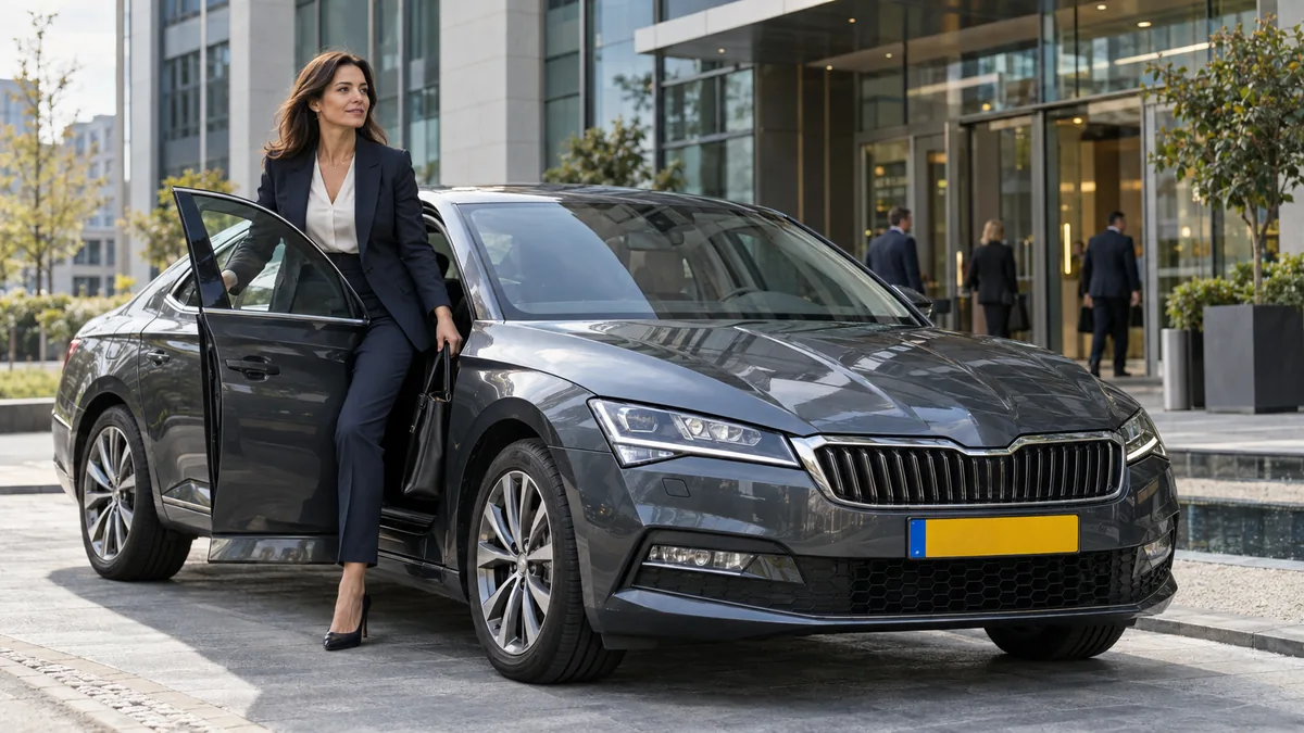 Zakelijke bestuurder stapt uit een Škoda Superb voor een modern kantoorgebouw in de stad