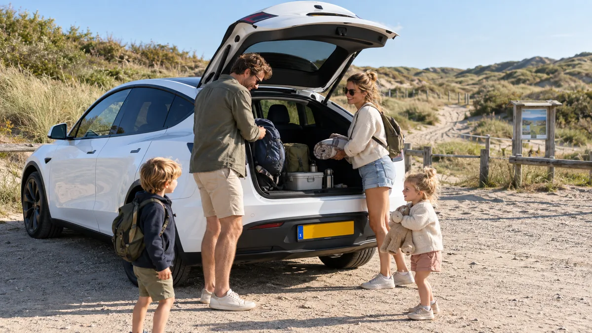 Gezin met twee kinderen bij een Tesla Model Y in een natuurgebied, klaar voor een dagje uit