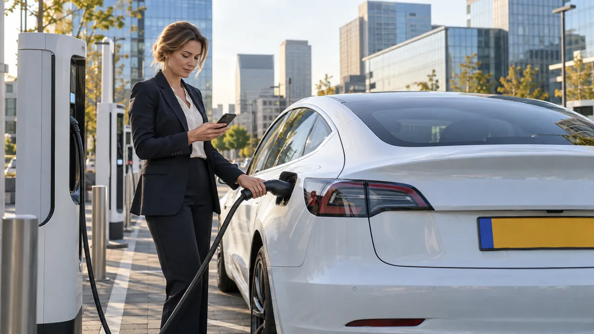 Zakelijke bestuurder laadt een Tesla op bij een snellaadplein in de stad