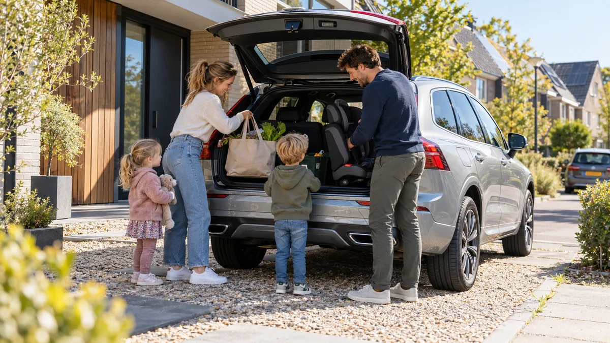 Gezin met twee kinderen bij een Volvo SUV op de oprit van een moderne woning